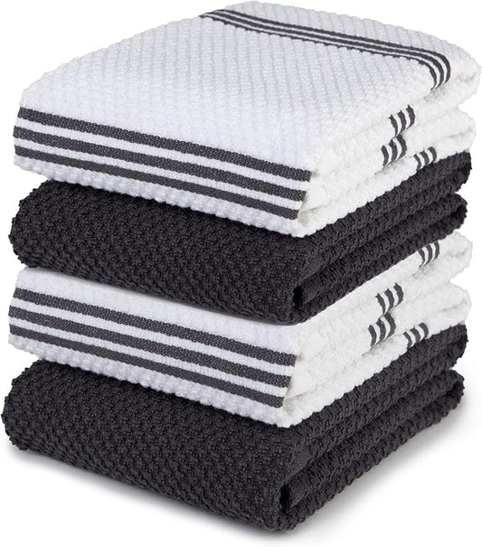 Sticky Toffee Cotton Kitchen Towels Set of 4 – Gray and White Dish Towels 28x16 in, Reusable and Absorbent Tea Towels for Drying or Cleaning, Oeko-Tex Cotton