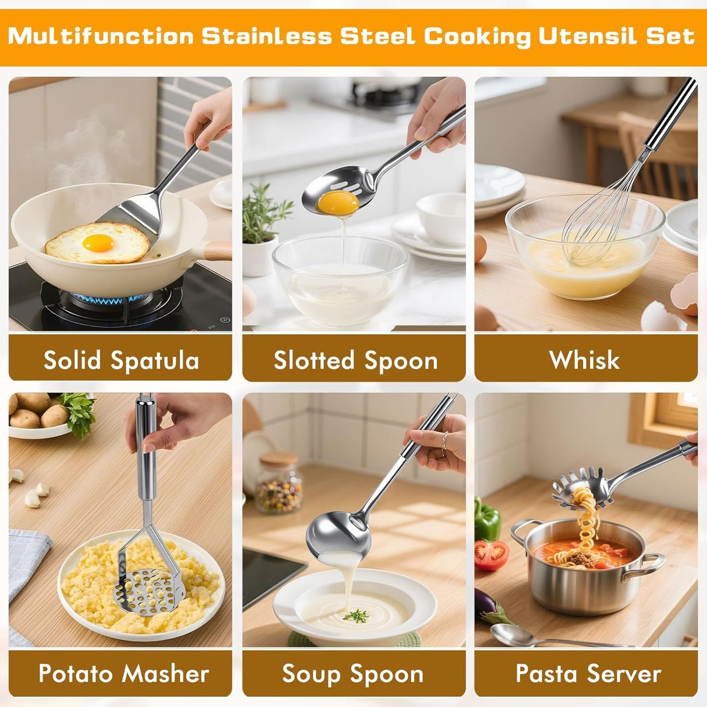 8 Pcs Cooking Utensils Set, Stainless Steel Kitchen Utensils, Heat Resistant Metal Kitchen Tools Include Solid & Slotted Spatula, Serving Spoon, Ladle, Pasta Server,Potato Maseher, Egg Whisk, Silver