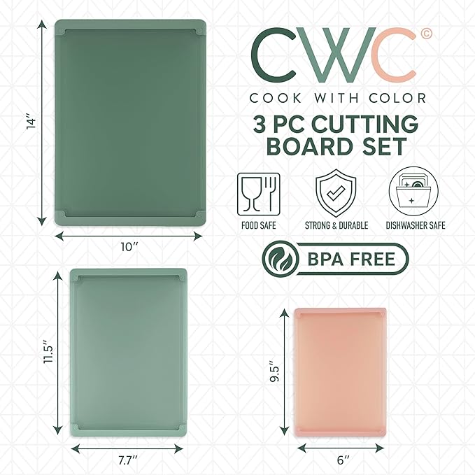 COOK WITH COLOR Extra Large Cutting Board Set, Jumbo-Sized Boards with Rubber Border for Enhanced Cooking Experience, 3-Piece, Blue/Teal