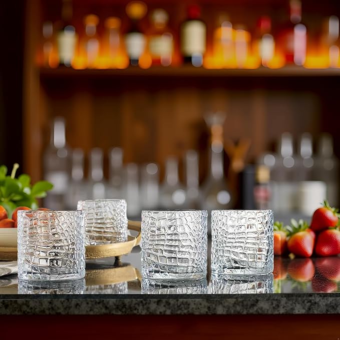 Glaver's DOF Set of 4 Clear 13oz Drinking Glasses Crackle Textured Design Double Old Fashioned Whiskey Glasses Home Everyday Bar Glassware