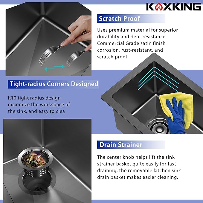 10x18x8 Inch Black Undermount Bar Sink, Deep Single Bowl Compact RV & Prep Sink, 18 Gauge T304 Stainless Steel with Drain Strainer