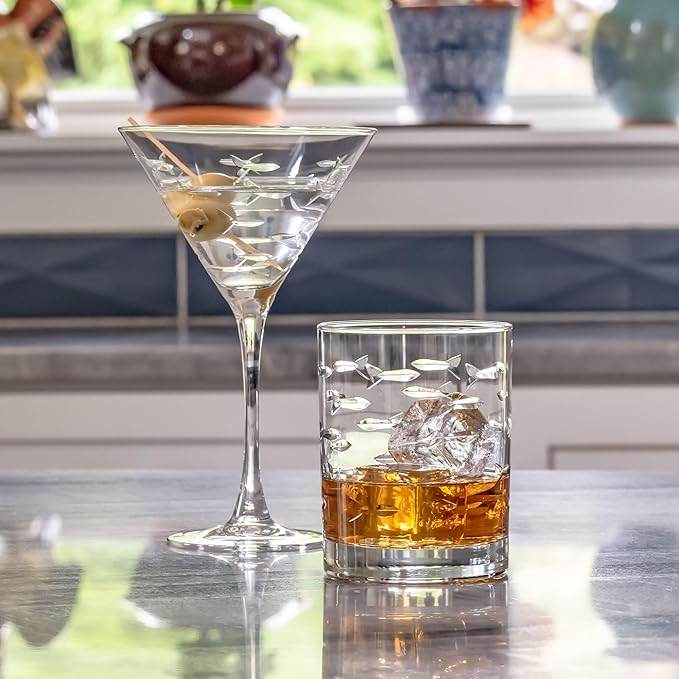 Rolf Glass School of Fish 13 oz Double Old Fashioned Whiskey Cocktail Glass | Set of 2 | Engraved Lead-free Tumbler Glasses | Made in the US