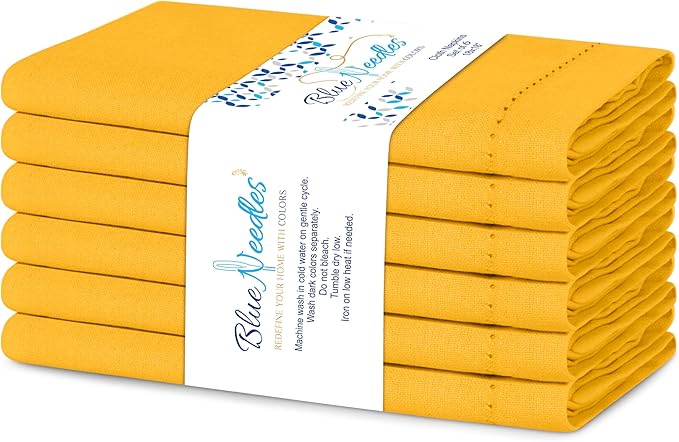 Blue Needles Set of 6 Hemstitch Linen Napkins 100% Cotton Golden Yellow Cloth Dinner Napkins 18x18 inches, Soft, Reusable Absorbent Washable, Ideal for Fall Thanksgiving Events, Parties & Everyday Use