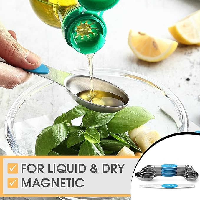 Spring Chef Stainless Steel Magnetic Measuring Spoons Set of 8 with Leveler, Nesting Teaspoon & Tablespoon Measuring Spoons for Dry and Liquid Ingredients, Kitchen Gadgets for Baking & Cooking - Teal