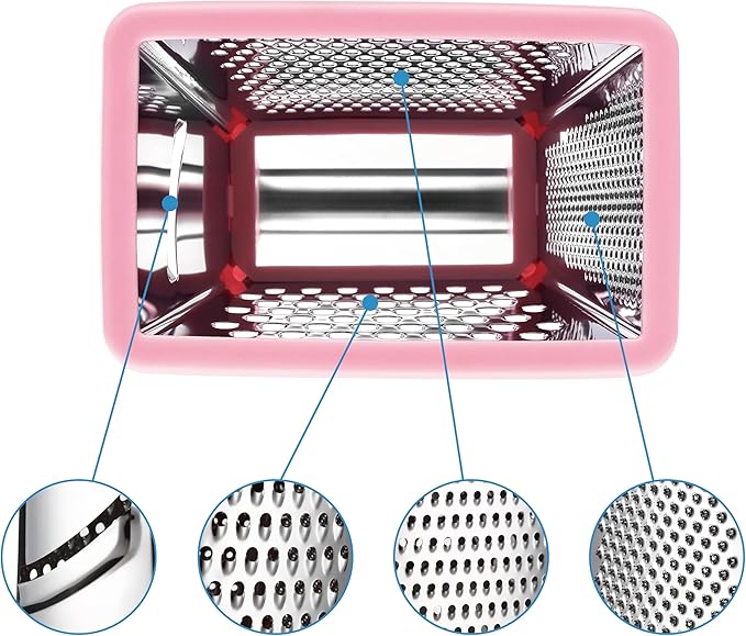 Spring Chef Professional Stainless Steel XL Parmesan Cheese Grater with Handle - 4 Sided Box Grater for Kitchen - Dishwasher Safe Carrot Shredder for Potato, Vegetables, Ginger - Pink Lemonade