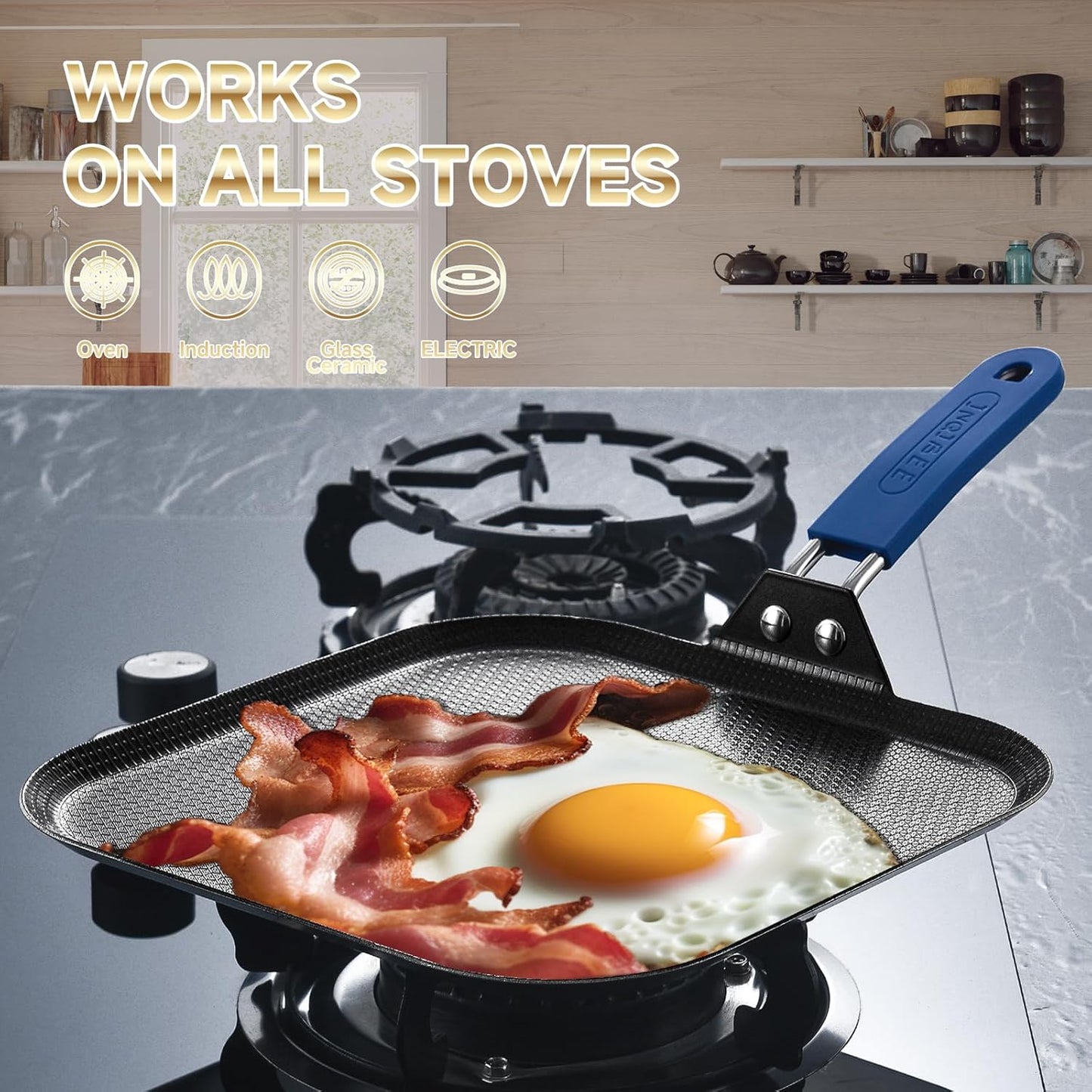 Inqibee 11 Inch Tri-ply Stainless Steel Square Griddle Pan,Hybrid Ceramic Nonstick Pancake Pan,Anti-scratch,Silicone Heat-resistant Handle,Dishwasher and Oven Safe.