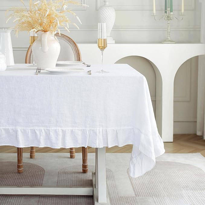 Linen World Ruffle Linen Tablecloth, 100% French Linen White Tablecloth 120" x 60" Inch, Washable Rectangular Tablecloth for Dining, Outdoor, Weddings and Restaurants, Decorative Valentine Easter