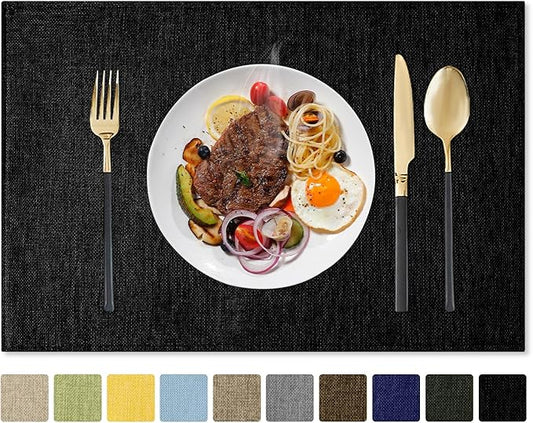 Romanstile Cloth Placemats Set of 6-12 x 18 Inch, Heat Resistant Double Layered Thickened Burlap Place Mats, Washable Faux Linen Farmhouse Table Mats for Kitchen/Dining/Party/Outdoor, Black