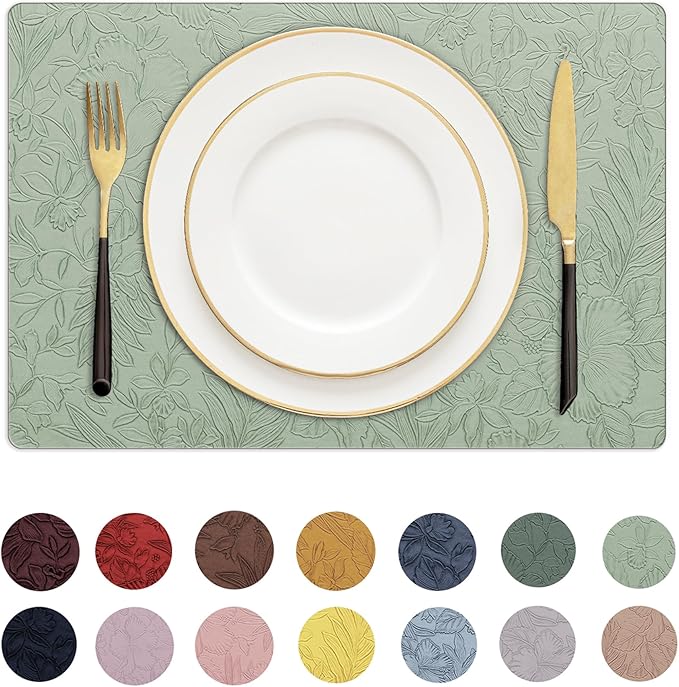 Romanstile Vinyl Placemats Set of 8-12 X 18 Inch - Heat Resistant Non-Slip Embossed Floral Place Mats 100% Waterproof Oilproof Wipeable Faux Leather Table Mats for Kitchen/Dining/Party, GrassGreen