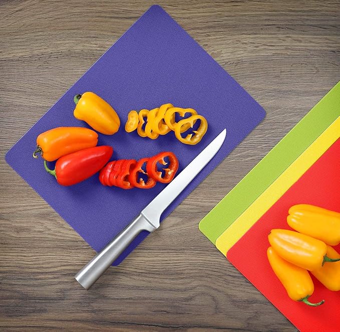 Dexas Heavy Duty Cutting Board Grippmat, Flexible Cutting Boards for Kitchen, Set of 4, Non Slip Plastic Board Cutting Mat Small Size 5.5 x 8, Blue, Green, Yellow, Red Set, Kitchen Gadgets