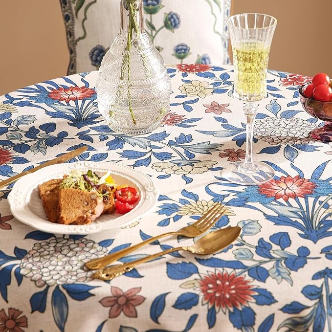 patdrea Designer Blue Tablecloth for Round Tables,Vintage Linen with Leaves and Flowers Pattern Tablecloths,Farmhouse Floral Table Cover Cloth Decor for Kitchen Dining Christmas,Diameter 55"