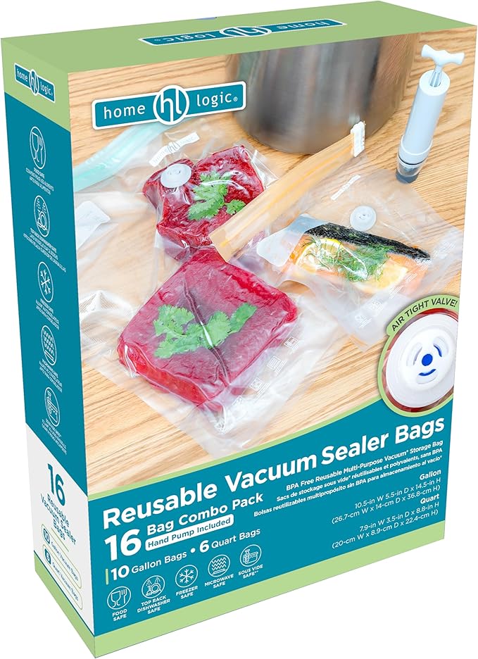 Home Logic Vacuum Sealer Reusable Bags Combo Pack – Freezer, Microwave & Sous Vide Safe Food Storage Bags – 10 Gallon Bags & 6 Quart Bags