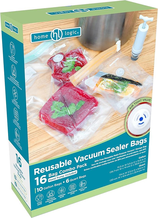 Home Logic Vacuum Sealer Reusable Bags Combo Pack – Freezer, Microwave & Sous Vide Safe Food Storage Bags – 10 Gallon Bags & 6 Quart Bags