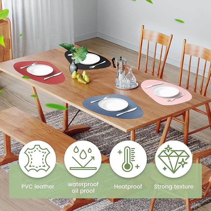 Leather Placemats Set of 6, Reversible Table Mats, Washable Dual Sided Waterproof Oilproof Wipeable Heat Resistant Leather Placemats for Kitchens Dining Table, 16.5 x 13.8