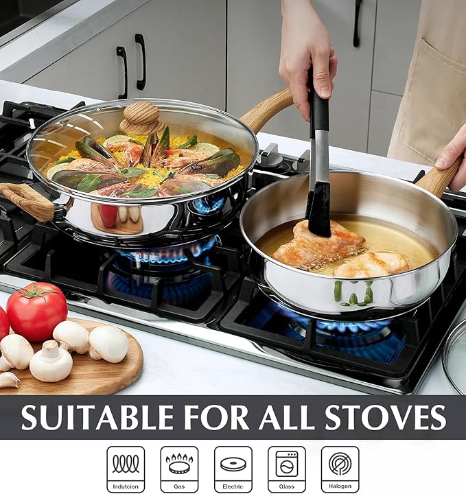 KOCH SYSTEME CS Saute Pan with Lid, 12 Inch Deep Frying Pan with Lid, 5.5 Quart Stainless Steel Saute Pan with Stylish Cool-Touch Bakelite Handle, 12 Inch Deep Stainless Steel Pan, Induction Ready