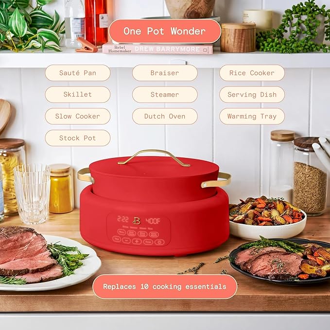 Beautiful 10-in-1 Electric Multi-Cooker by Drew Barrymore, 6-quart, digital display, 10 cooking functions, non-stick pot, easy one-touch control (Tomato Red)