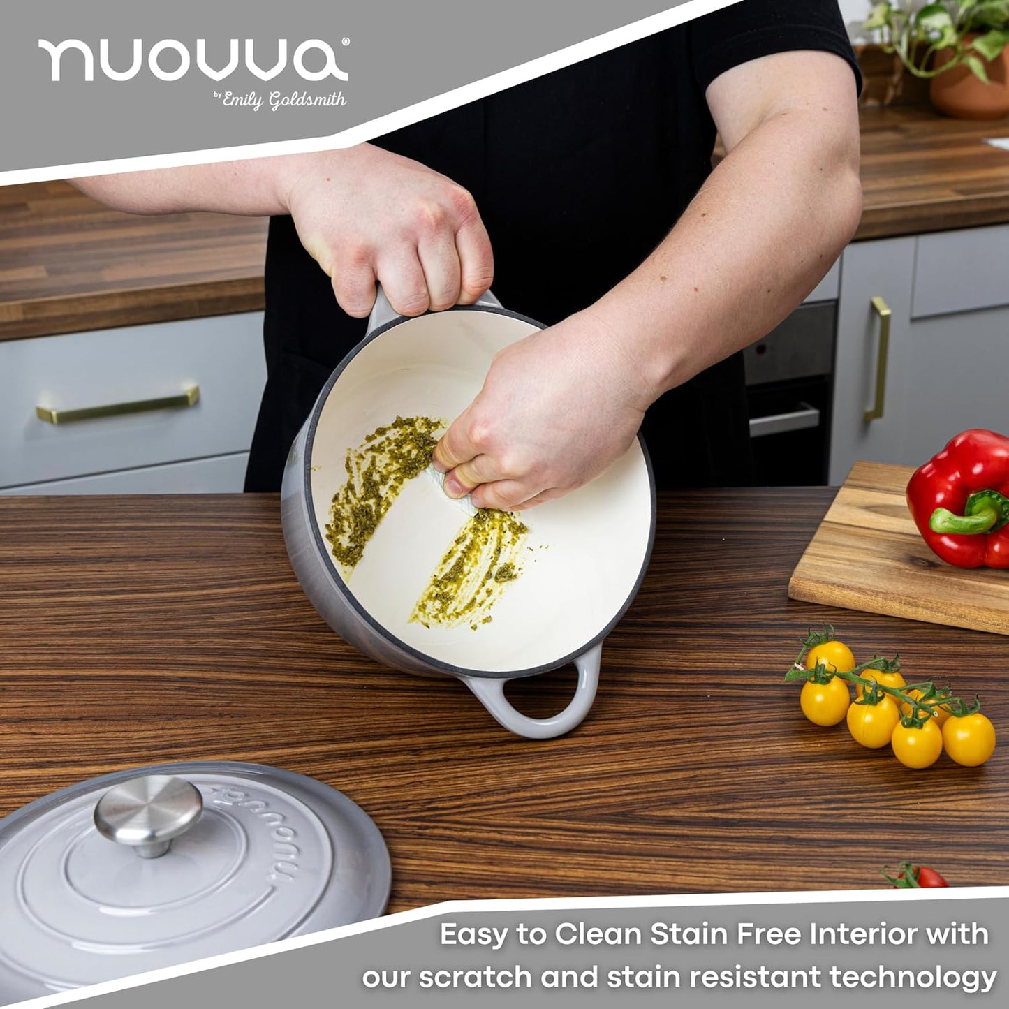 Cast Iron Dutch Oven with Lid – Non-Stick Ovenproof Enamelled Casserole Pot – Sturdy Dutch Oven Cookware – Grey, 3.1-Quart, 22cm – by Nuovva