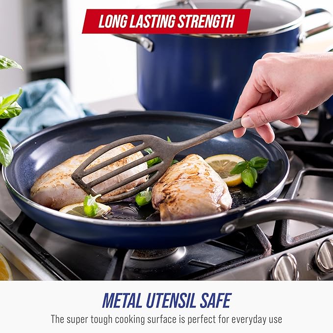 Blue Diamond 20 Piece Nonstick Cookware Set, Diamond Ceramic Pots & Pans, Dishwasher & Metal Utensil Safe, Non Toxic PFAS-Free, Kitchen Cooking Sauce & Saute Pans, Oven & Broiler to 600F, Blue