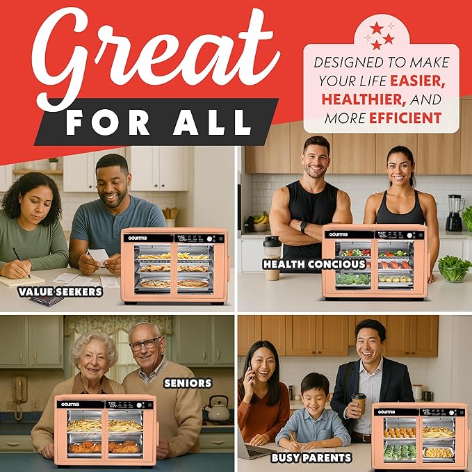 Gourmia French Door Digital Air Fryer Oven - XL 37QT Capacity, 12 Presets, FryForce 360° Tech, Dehydrate, Proof, Slow Cook, Fits 13” Pizza, 1700W, Peach