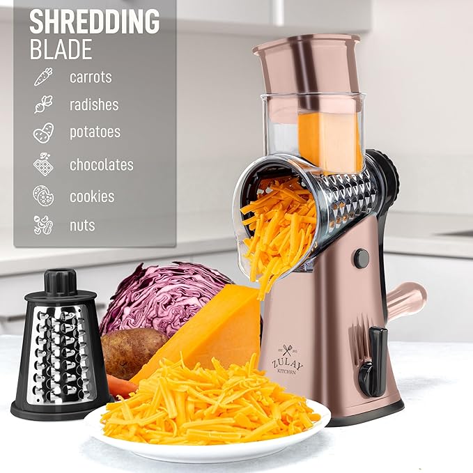 Zulay Kitchen Rotary Cheese Grater 5 Blade Cheese Shredder - Manual Hand Crank Cheese Grater With Reinforced Suction & 5 Interchangeable Drums - Easy to Use, Vegetable Chopper Round Mandoline Slicer