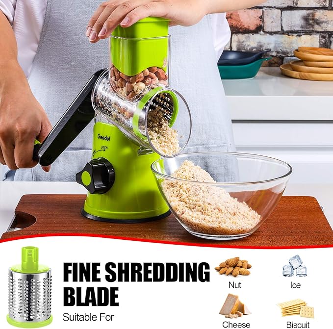Geedel Rotary Cheese Grater, Kitchen Mandoline Vegetable Slicer with 3 Interchangeable Blades, Easy to Clean Rotary Grater Slicer for Fruit, Vegetables, Nuts