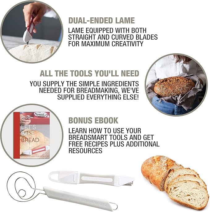 Breadsmart Artisan Bread Making Kit - 5PC Sourdough Bread Baking Supplies Set - Lame, Scraper, Whisk, Banneton Bread Proofing Basket & Cotton Liner