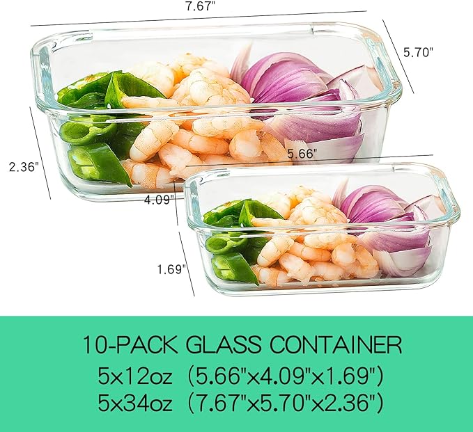 UMEIED 10 Pack Glass Food Storage Containers with Lids Leakproof, Airtight Glass Meal Prep Containers For Lunch, On The Go, Leftover, Dishwasher Safe