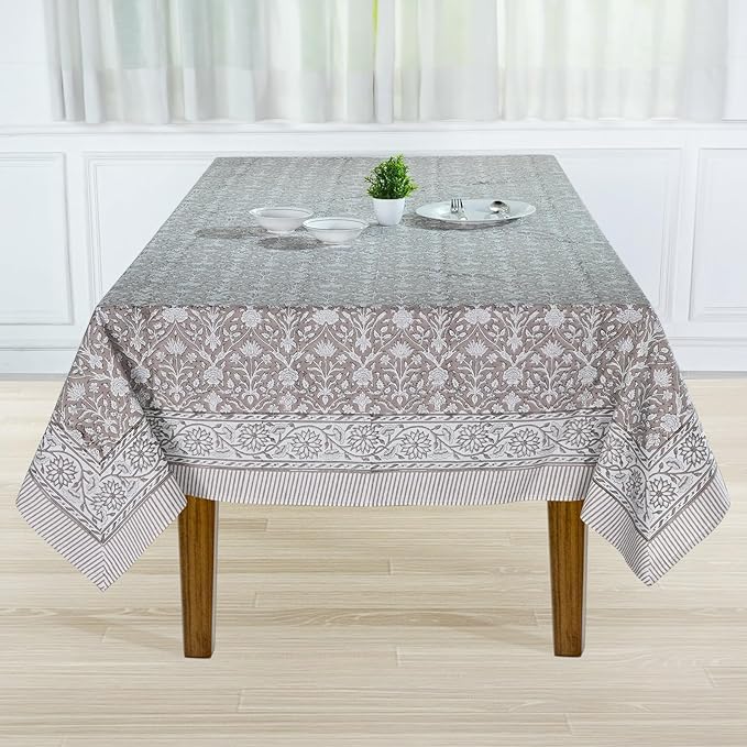 Ridhi Taupe Hand Block Print Cotton Rectangle Tablecloth 118 x 70 inch-Reusable Table Cover Decorative Everyday Use for Dining Room, Farmhouse, Thanksgiving, Christmas Wedding, Fall