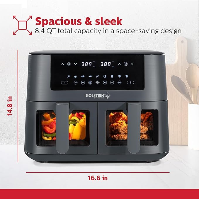 Holstein Housewares 8.4 QT Dual Basket Digital Air Fryer with LED touchscreen – Family Size Viewing Windows, Air Technology for Less Oil Use, Fry, Bake, Grill Roast, 8-in-1 Appliance