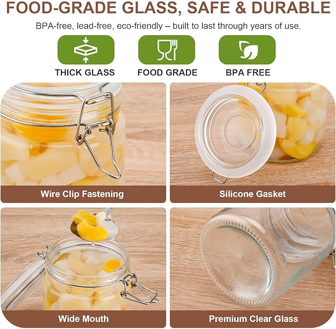 25oz Airtight Glass Jars with Lids, Set of 6 Food Storage Containers & Canisters, Clear Mason Jars with Clamp Seal for Canning, Cereal, Coffee, Pasta, Sugar, Beans & Spices