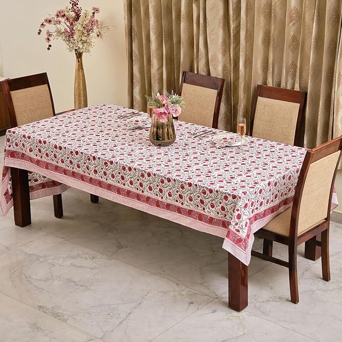 Ridhi Sangria Red Hand Block Print Cotton Rectangle Tablecloth 118 x 70 inches Reusable Table Cover Decorative Everyday Use for Dining Room, Farmhouse, Home, Party, Festive & Wedding, Fall