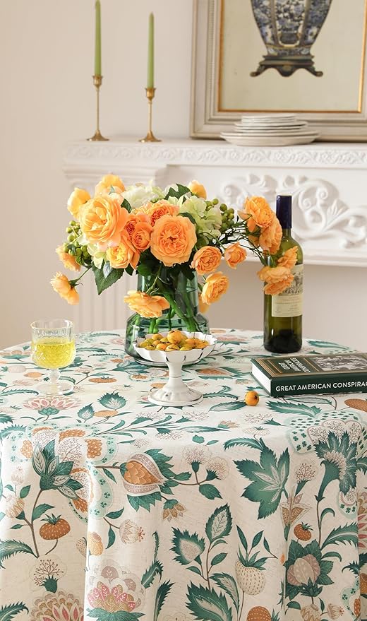 patdrea Designer French Table Cloth for Round Tables,Vintage Italian Floral Tablecloth,Country Summer Linen Tablecloth,Wrinkle Free Table Cover for Kitchen Dining,Christmas,Diameter 55"