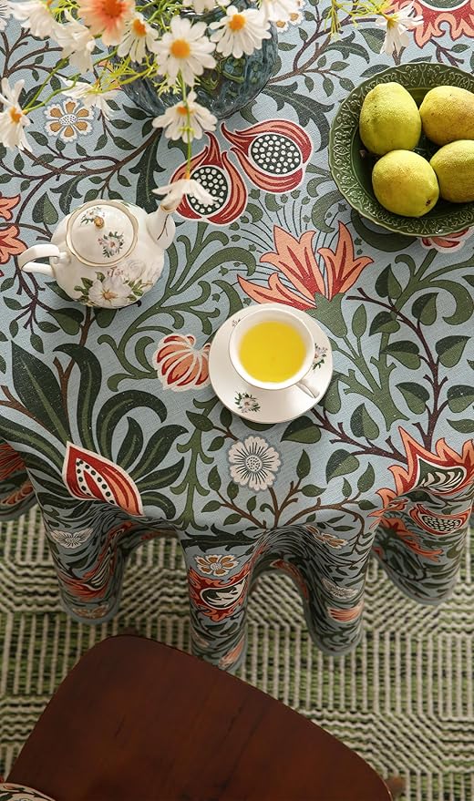 French Tablecloth for Round Tables,Linen Table Cloth with Colorful Flowers Pattern,Heavy Durable Table Cover for Dining Thanksgiving Kitchen Decor Party Christmas,Diameter 55"