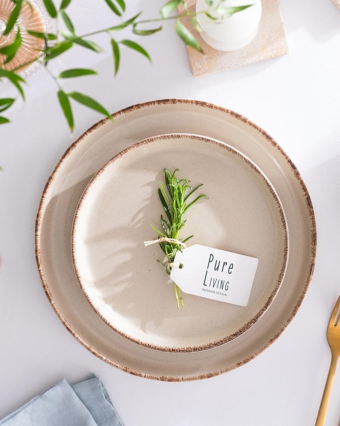 Stoneware dinnerware set 8 persons Rustic 32 pcs - Rustic design dinnerware set, dishwasher safe - Bowl and plate set - Pure Living dinnerware in beige…