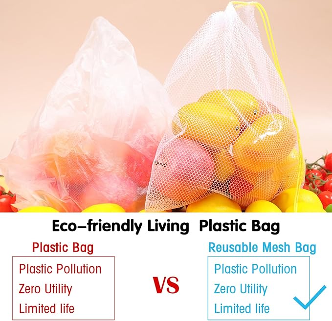 Frienda 20 Pcs Mesh Bags for Toys Storage 3 Sizes Reusable Produce Bags with Drawstring for Beach Bath Pool Toy Organizer, Fruits Vegetable Grocery Playroom Storage(Green, Yellow, Rose Red)