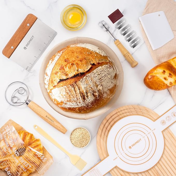 Banneton Bread Proofing Basket Sourdough Bread Baking Supplies, Sourdough Starter Kit with 9" Round and 10" Oval Baskets, Sling, Bread Lame, Proofing Cover, Scraper, Dough Whisk