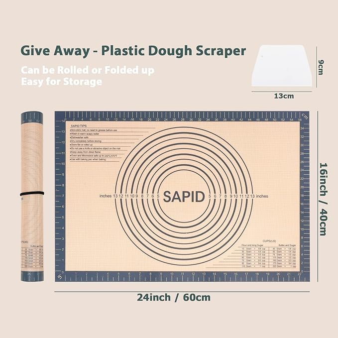 Non Slip Silicone Pastry Mat Large with Measurements for Non-stick Dough Rolling, Pie Crust, Pastry Roll Out, Cookies,Bread and Silicon Kneading Mat (16" x 24", Gray)