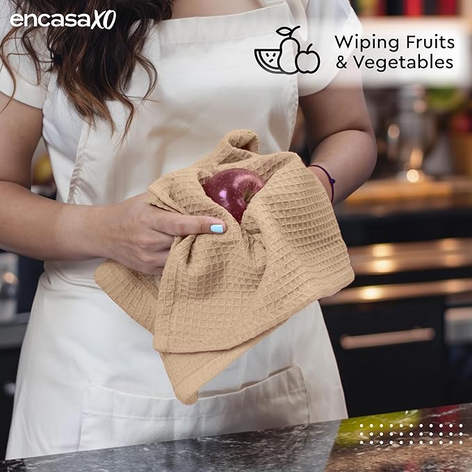 Encasa XO Kitchen Dish Towels Set | Beige | Waffle Weave and Flat Hand Tea Towel | 28"x18" | Quick Drying Reusable Cotton Washcloths | Multipurpose Lightweight Dishcloths Set of 4