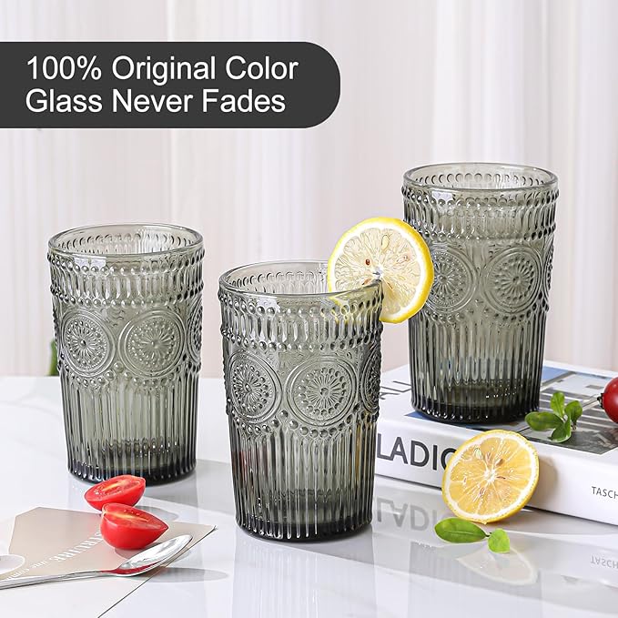 Vintage Glassware Drinking Glasses Set of 6,13 oz Grey Textured Flower Design Glass Water Tumblers，Embossed Striped Drinkware for Water,Cocktails,Juice,Iced Coffee