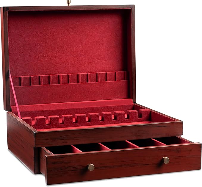 Royalty Art Red Tarnish-Free Silverware Storage Box with Pull-Out Drawer, 15" x 11" Large Flatware and Utensil Organizer for Kitchen Counter, Elegant Home Décor for Dining Room (Flatware Not Included)