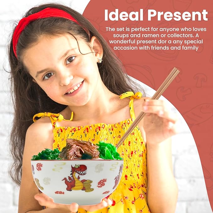 XWORLD Japanese Ceramic Ramen Noodle Bowls Set with Ceramic Spoon, Bamboo Chopsticks, Lid & Trivet, Serving Capacity of 20 OZ, Microwavable Oven Safety (2.75” x 5.75” D) (Dragon and money)