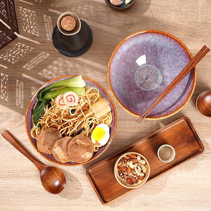 NUTRIUPS 8 Inch Ceramic Ramen Bowl Set of 2 Pho Bowls 40oz Japanese Noodle Udon Soup Bowls with Spoons and Chopsticks (Lavender)