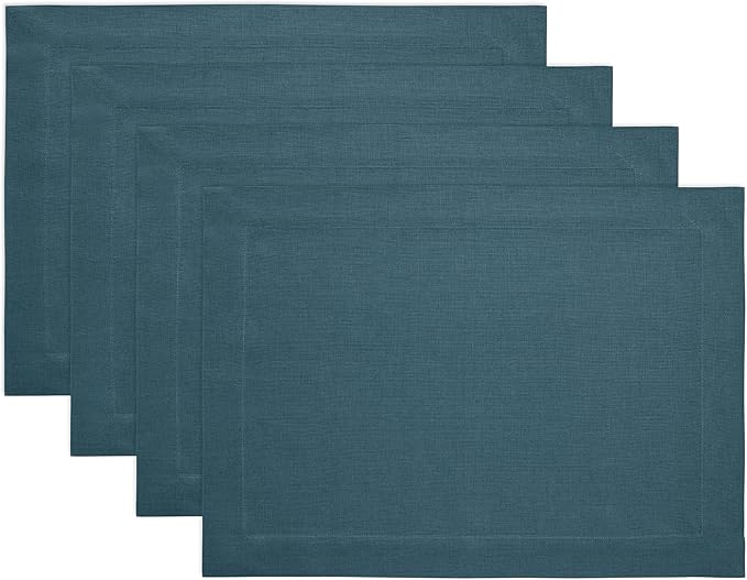 Solino Home Linen Cloth Placemats Set of 4 - 100% Pure Linen Peacock Blue Placemats 14 x 19 Inch - Fete