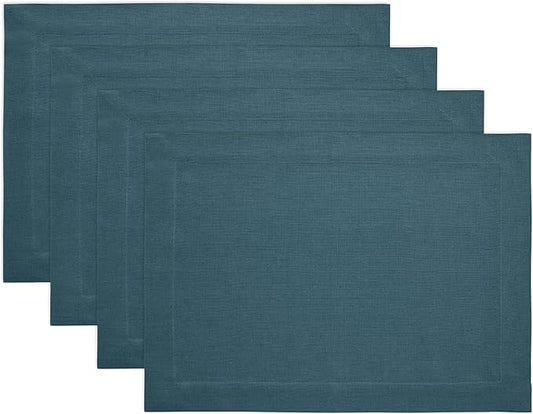 Solino Home Linen Cloth Placemats Set of 4 - 100% Pure Linen Peacock Blue Placemats 14 x 19 Inch - Fete