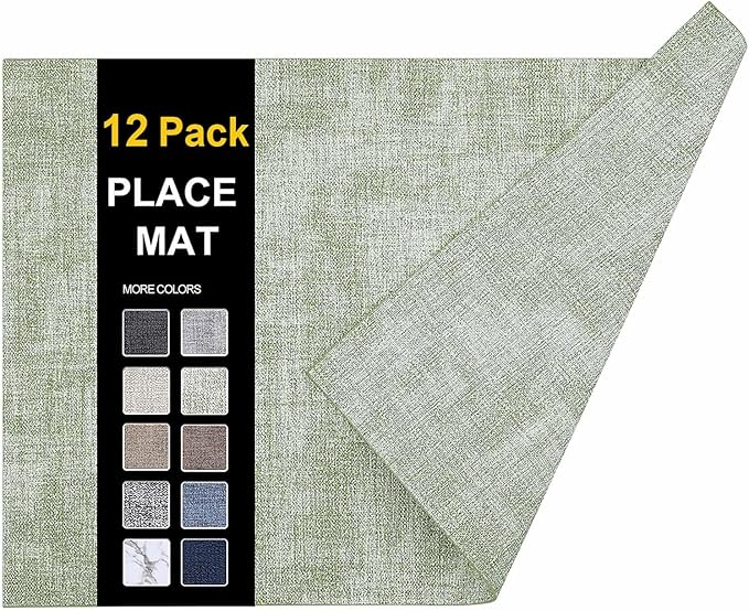 homing Faux Leather Heat Resistant Placemats 12 Packs, Waterproof Wipeable Dining PU Place Mats for Indoor & Outdoor, Easy to Clean, Light Green