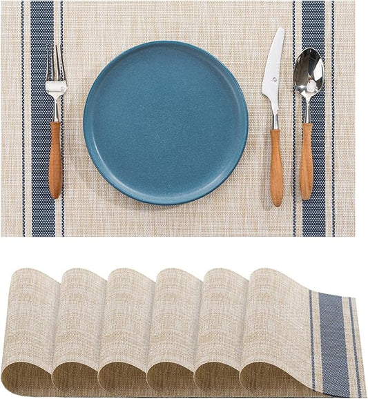 BACKTOEDEN Placemats Set of 6 Heat Resistant Washable Wipeable Placemat Woven Non-Slip Foldable Vinyl/Plastic Place Mats Indoor/Outdoor Mat Kitchen Dining Table Pad, Blue Skyline