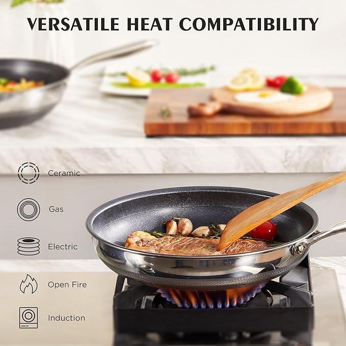 KITEXPERT Non Stick Frying Pans with Lid, 10" Titanium Ceramic Pan Nonstick Stainless Steel Skillet, PFAS PFOA & PTFE Free, Quick-Cool Handle, Dishwasher & Oven Safe, Compatible with All Cooktops