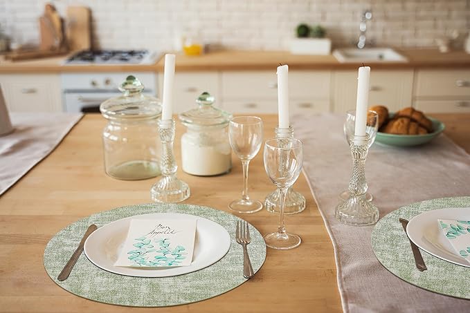 homing Round Faux Leather Placemat and Coaster 4 Packs, Washable Heat Resistant Dining Place Mats, Wipeable Double-Sided Table Mats for Indoor and Outdoor, Diameter 13 and 3.93 inch, Light Green