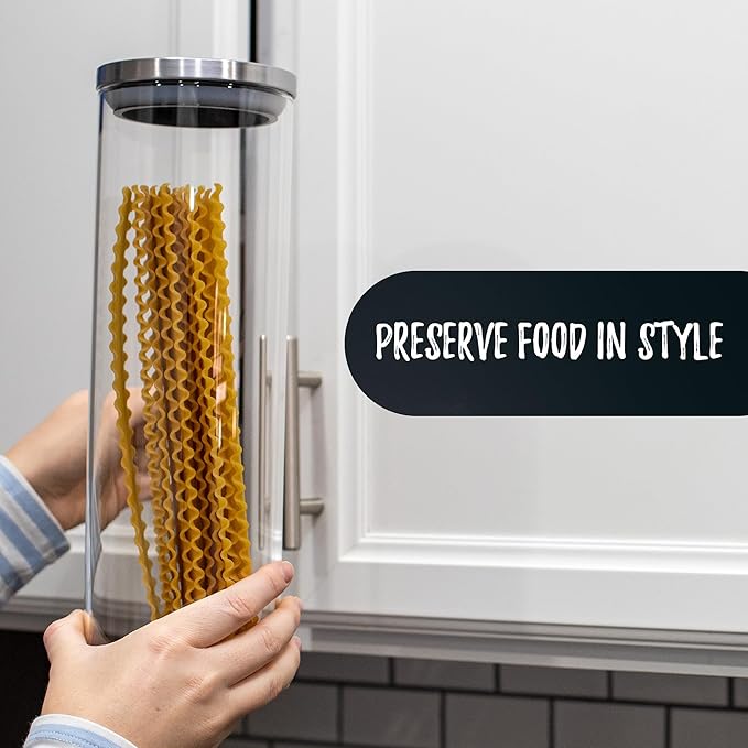 Bacimi® Airtight Borosilicate 3mm thick Glass Storage Containers for Spaghetti, Pasta, Noodles, Linguini, Lasagna, Flour, Cereal, Coffee, Multi Purpose Food Jar, Canisters for Kitchen, Pantry 67oz Ea