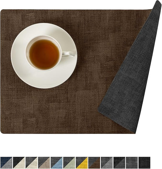 Romanstile Reversible Vinyl Placemats Set of 8, Faux Leather 100% Waterproof Oil-Proof Wipeable Place Mats, Heat Resistant Dual Sided Table Mats for Kitchen/Dining/Party (Grey Brown, 12 x 17 Inch)